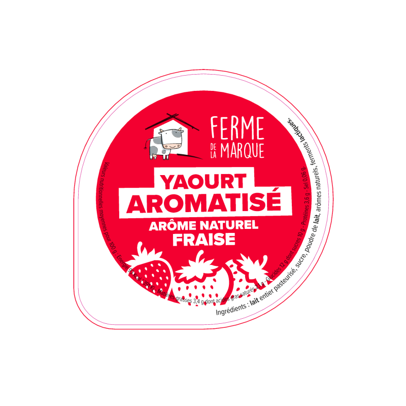 Opercule FERME DE LA MARQUE 68.3 ALU Arom. Fraise PP/PS/PET gr.Verm La