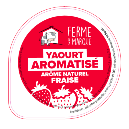 Opercule FERME DE LA MARQUE 68.3 ALU Arom. Fraise PP/PS/PET gr.Verm La