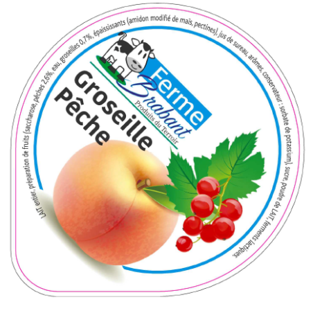 Opercule Ferme Brabant 68.3 ALU Pêche Groseille sc.PP/PS/PET gr.Verm