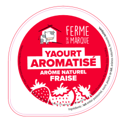 Opercule FERME DE LA MARQUE 68.3 ALU Arom. Fraise PP/PS/PET gr.Verm La
